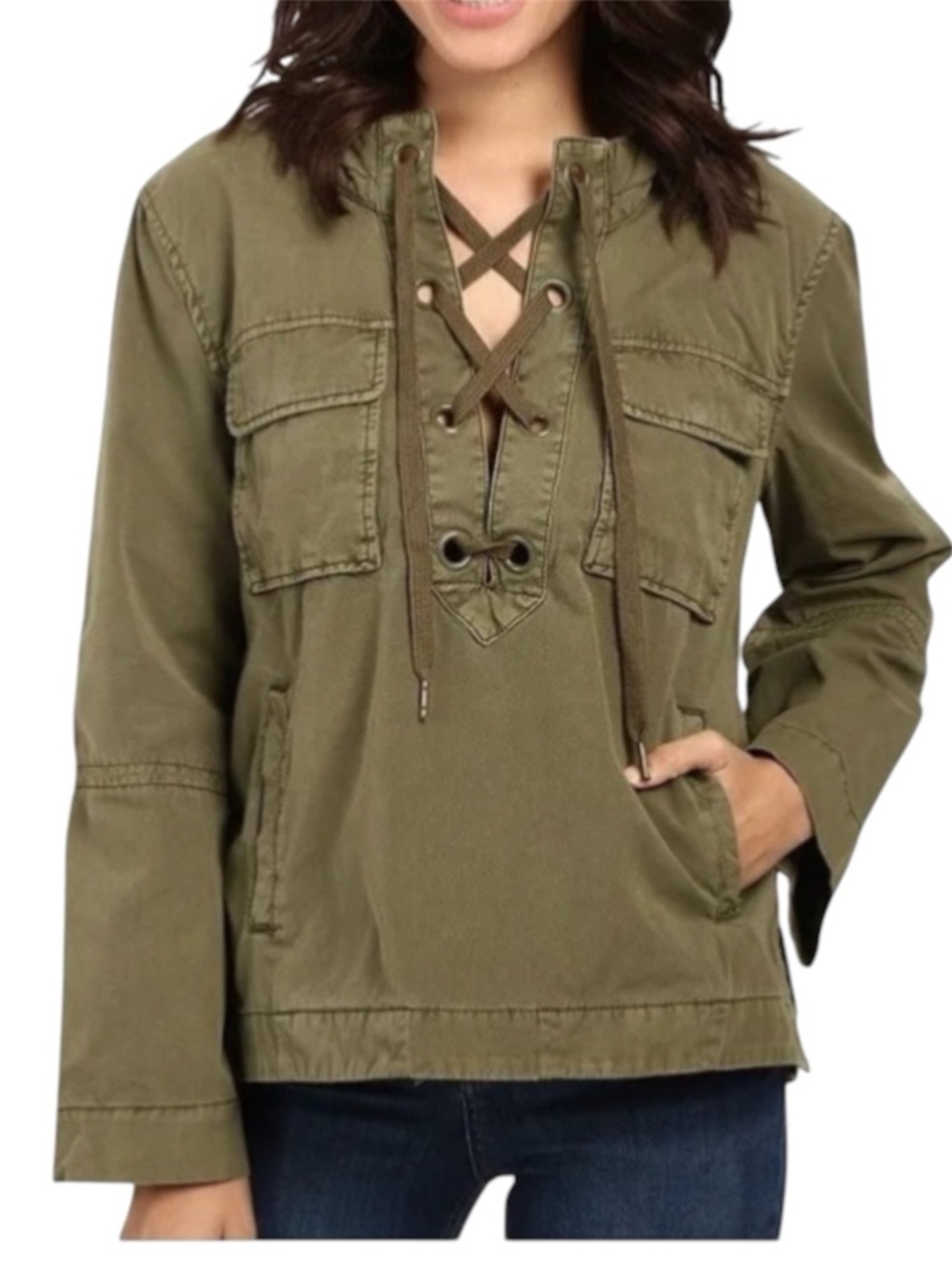 Free People Safari Olive Green Hooded Lace Up Long Sleeve Pullover Size XS